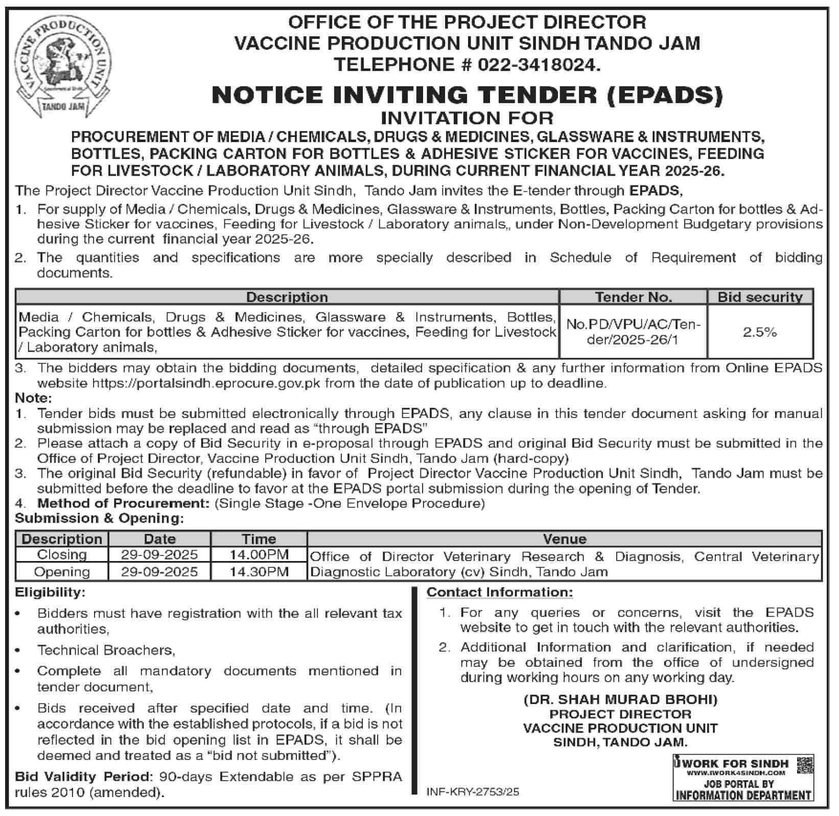 Vaccine Production Unit Tandojam Tender Notice
